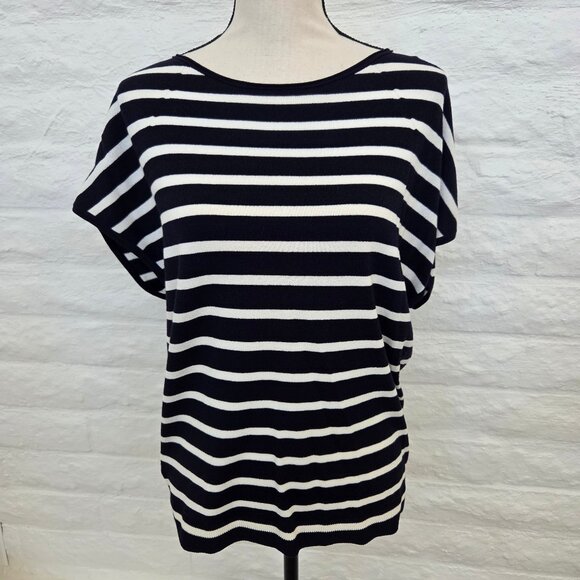 LOFT Top Womens Small Blue White Navy Stripe Cap Sleeve Sweater Shirt Blouse - Picture 3 of 11